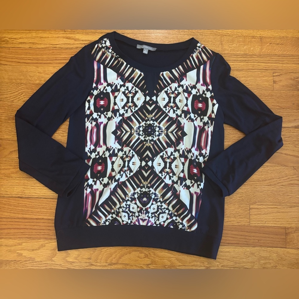 Ny Collection Top Women’s Medium Blue w Geometric Print Front Long Sleeve Shirt